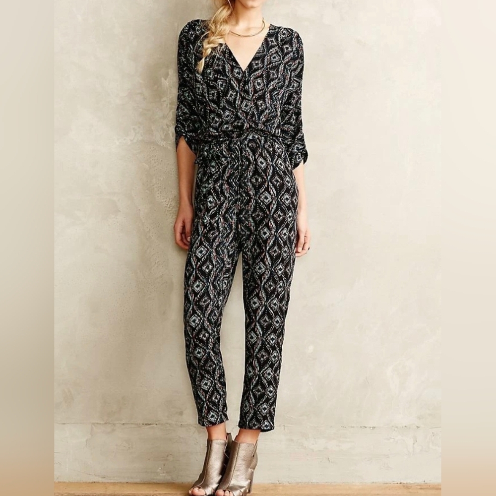 Anthropologie | Elevenses Jumpsuit Dacey Black Geometric 3/4 Sleeve Size XS